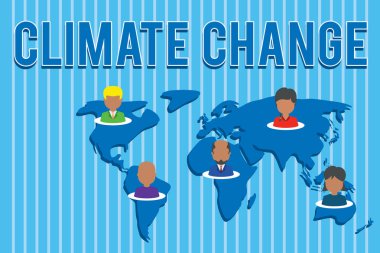 İklim Değişikliğini gösteren kavramsal el yazısı. İş fotoğraf metin Küresel ortalama sıcaklık Artış Hava dönüşümü Bağlantı çok ırklı kişiler tüm Küresel iş toprak haritası.