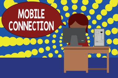 Kelime yazma metni Mobil Bağlantı. Cep telefonu kullanan güvenli evrensel giriş çözümü için iş konsepti masaüstü bilgisayar ofisinde oturan genç bayan çalışan fotoğraf monitörü.