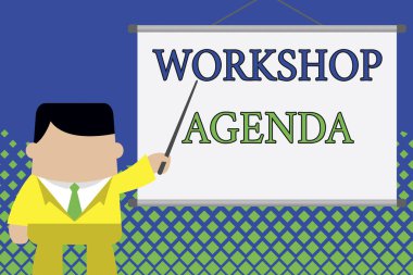 Atölye Gündemini gösteren bir not yazıyorum. İş fotoğrafçılığı, projektör projeksiyonu projeksiyonunun önünde duran İşadamı 'nın programa uymasını sağlar..