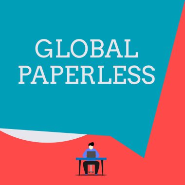 Global Paperless 'ı gösteren bir not yazıyorum. İş fotoğrafı sergisi, kağıt adam yerine teknoloji metodları için kullanılıyor. Koltuk başında oturan ve dizüstü bilgisayarın geometrik arka planında çalışan adam yerine..