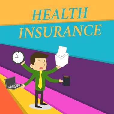 Sağlık Sigortası el yazısı. Konsept, tıbbi ve cerrahi masrafları karşılayan kapsama anlamına gelir. Stresli Erkek Çalışan Yöneticisi Birçok Silahlı Çoklu Görevle Buluşma Tarihi.