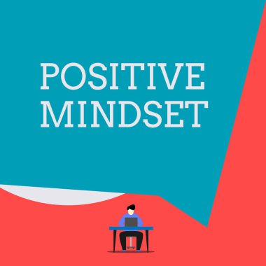 Pozitif Düşünceleri gösteren bir not yazıyorum. İş fotoğraflarında zihinsel ve duygusal tavırlar sergiliyorsun. Koltuk başında oturan adam dizüstü bilgisayarın geometrik arka planında çalışıyor..