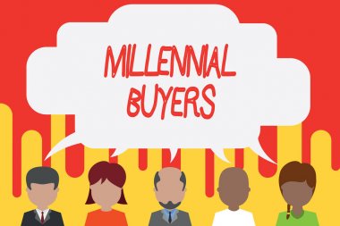 El yazısı metin Millennial Buyers. Konsept anlamı Trend ürünleriyle ilgilenen tüketicilerin türü Beş farklı ırklar boş konuşma baloncuklarını paylaşıyor. Konuşan insanlar.