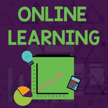 Online Learning 'i gösteren bir not yazıyorum. Larning 'in internetin ve Pie and Line Chart' ın bilgisayar yatırım simgelerinin yardımıyla Arrow Up 'la birlikte yer aldığı bir fotoğraf sergisi..