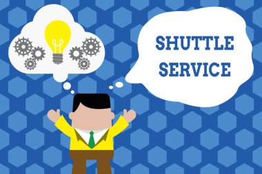 Servis Servisini gösteren metin işareti. Otobüs gibi kavramsal fotoğraf araçlar sık sık iki yer arasında seyahat Ayakta adam takım elleri kadar hayali kabarcık ampul dişliler birlikte çalışan.