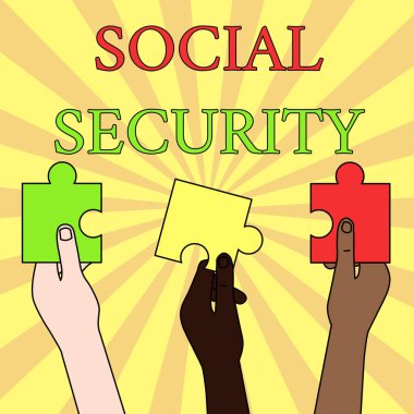 Sosyal güvenliği gösteren bir not yazıyorum. Devlet tarafından yetersiz ya da gelirsiz gösterilen iş fotoğrafı gösterme desteği Üç Renkli Boş Yapboz Parçası Farklı İnsanların Ellerinde.