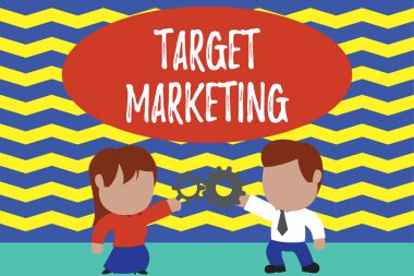Hedef Pazarlama gösteren kavramsal el yazısı. İş fotoğraf metin Hedef kitle hedefi Seçilen müşteriler müşteriler Reklam Genç çift paylaşım dişli Man kravat kadın etek ilişkisi.
