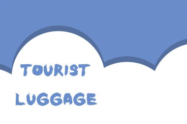 Turist Bagajı 'nı gösteren bir not yazıyorum. Seyahat etmek için gereken her şeyi içeren büyük bir çanta. Yarım bulutlu mavi gökyüzü manzarası. Kusursuz bulutlu desen..