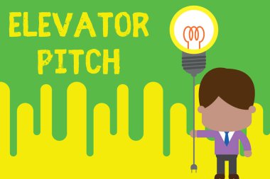 Handwriting text Elevator Pitch. Concept meaning A persuasive sales pitch Brief speech about the product Standing man tie holding plug socket light bulb to connect idea. Startup. clipart