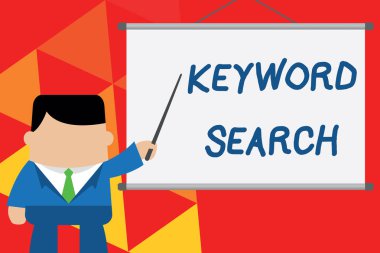 Anahtar Kelime Arama'yı gösteren kavramsal el yazısı. İş fotoğrafı metni Proje fikrini işaret eden projektörönünde duran işadamı ile ilişkili doğru özne bakmak için kelime veya terim kullanma.