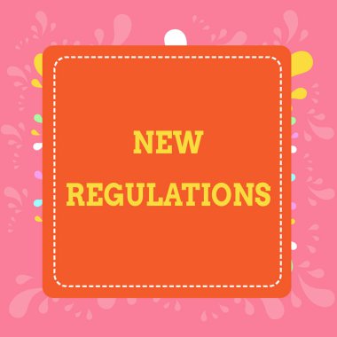 Yeni Yönetmelikleri gösteren not yazılıyor. Genelde kurallar tarafından kullanılan aktiviteyi kontrol eden iş fotoğrafı gösterimi yönetmeliği. Kesik Noktalı Çizgi Boş Kare Renkli Kesme Çerçeve Parlak Arkaplan.