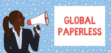 Global Paperless'ı gösteren metin işareti. Kavramsal fotoğraf yerine kağıt Genç Kadın Ceket Ponytail Loudhailer Dikdörtgen Metin Kutusu içine Shouting gibi teknoloji yöntemleri için gidiyor.