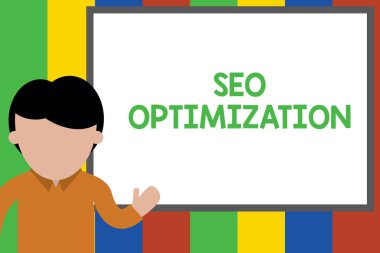 Seo Optimizasyon 'u gösteren bir not yazıyorum. İnternet sitesinin ya da Genç Adam 'ın projeye işaret eden sayfanın görüntülenebilirliğini etkileyen bir iş fotoğrafı gösterimi. fotoğraf sanatı.