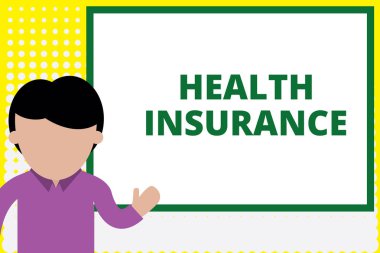 Sağlık Sigortası'nı gösteren bir metin işareti. Tıbbi ve cerrahi masrafları karşılayan kavramsal fotoğraf kapsamı Projeyi işaret eden beyaz tahtanın önünde duran genç adam. fotoğraf Sanat.