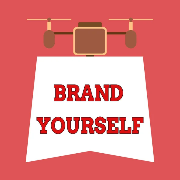 Writing note showing Brand Yourself. Business photo showcasing Develop a unique professional identity Personal product Drone holding downwards banner. Geometrical abstract background design. — 스톡 사진