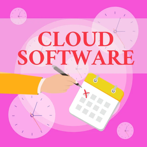 Escribir nota que muestra el software en la nube. Exposición de fotos de negocios Programas utilizados en el almacenamiento Acceso a los datos a través de Internet Traje formal tachaduras Calendario de un día Bolígrafo de tinta roja . — Foto de Stock