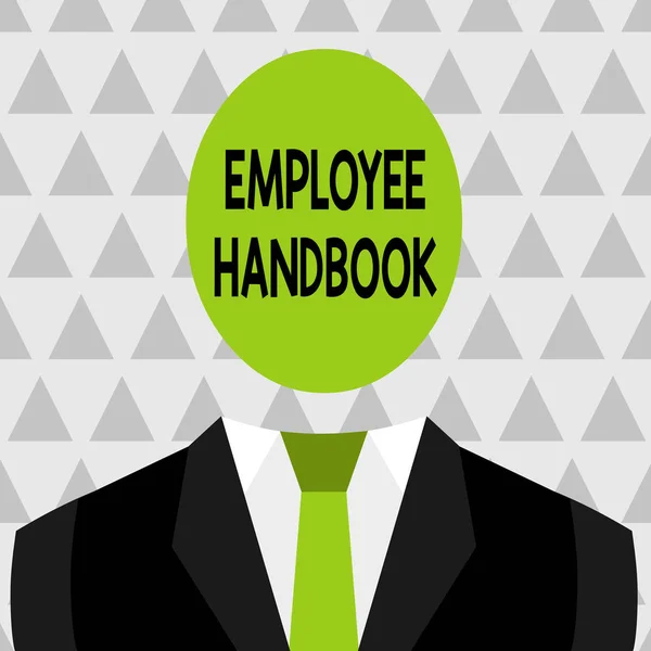 Text sign showing Employee Handbook. Conceptual photo Document that contains an operating procedures of company Symbolic Drawing Emblematic Figure of Man Formal Suit Oval Faceless Head. — Stock Photo, Image