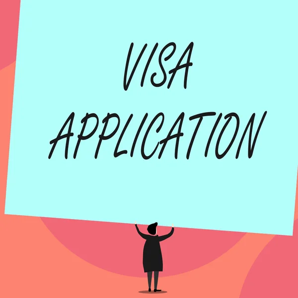 Word writing text Visa Application. Business concept for Form to ask permission travel or live in another country Back view standing short hair woman dress hands up holding blank rectangle.