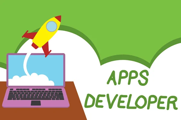 Text sign showing Apps Developer. Conceptual photo Graphic artist Software Programmer and Analyst Experts Successful rocket launching clouds out laptop background. Startup growing.
