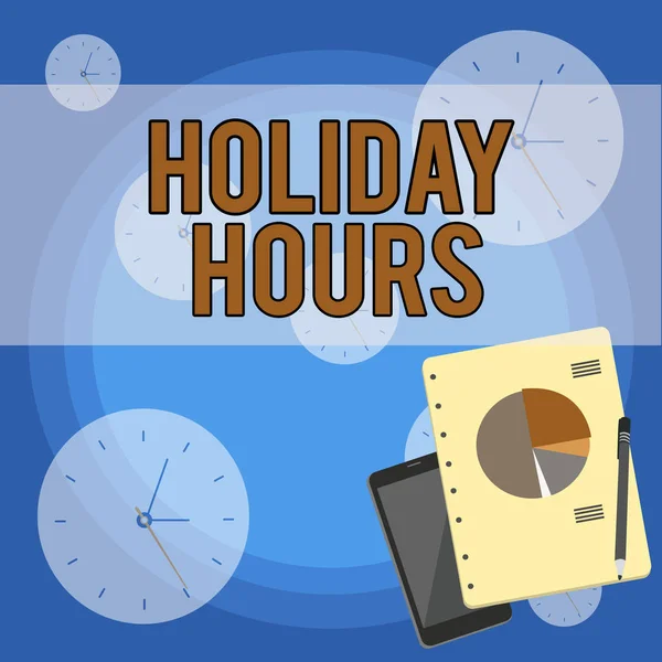 Handwriting text writing Holiday Hours. Concept meaning employee receives twice their normal pay for all hours Layout Smartphone Off Ballpoint Pen RingBound Notepad Business Pie Chart. — Stock Photo, Image