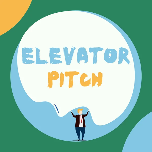 Conceptual hand writing showing Elevator Pitch. Business photo showcasing A persuasive sales pitch Brief speech about the product Front view Man dressed suit tie two hands up big balloon.