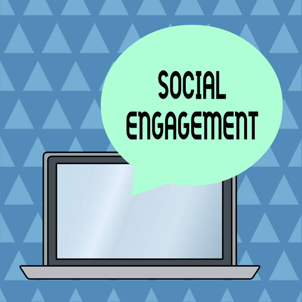 Текстовый знак, показывающий социальную активность. Концептуальная фотография Степень вовлеченности в онлайн-сообщество или общество Круглой формы Пустой пузырь речи, плавающий над открытым цветным фоном ноутбука
.