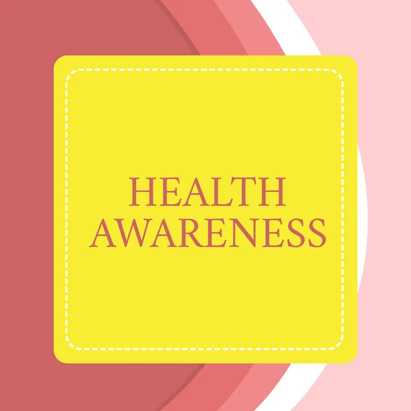 Word writing text Health Awareness. Business concept for Promoting community issues and preventative action Dashed Stipple Line Blank Square Colored Cutout Frame Bright Background. — Stock Photo, Image