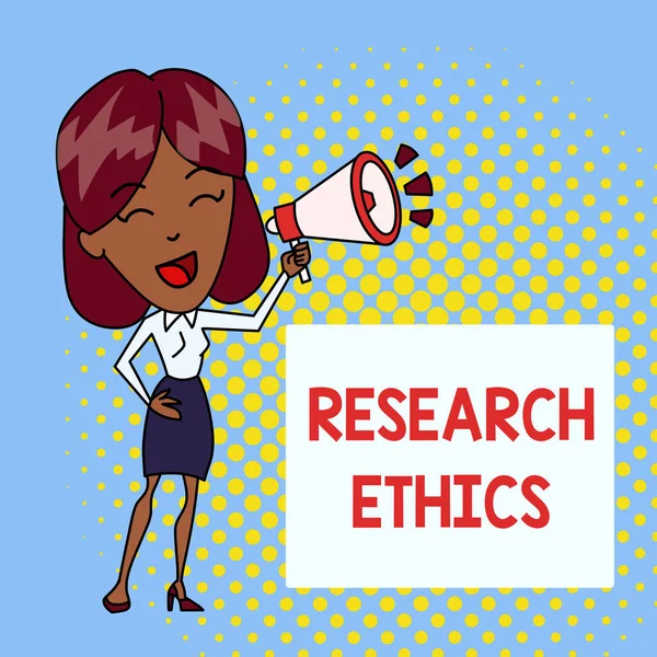 Handwriting text writing Research Ethics. Concept meaning interested in the analysis ofethicalissues that raised Young Woman Speaking into Blowhorn Volume Icon Colored Backgdrop Text Box.