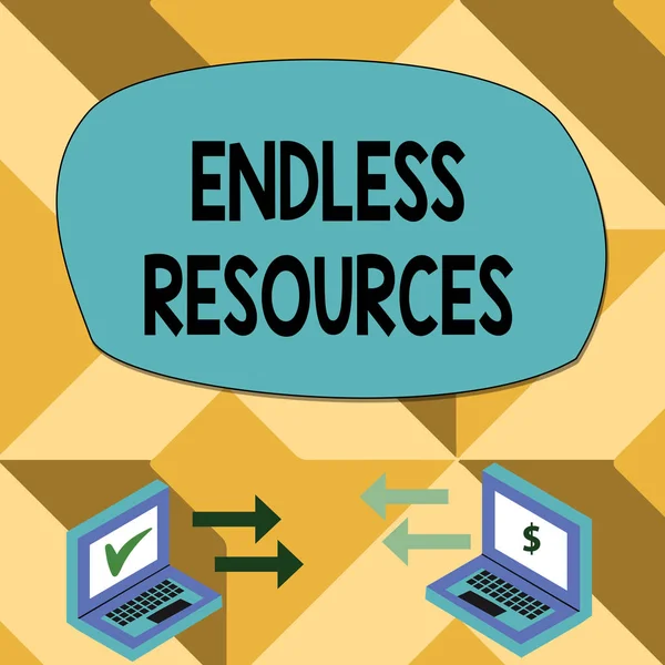 Text sign showing Endless Resources. Conceptual photo Unlimited supply of stocks or financial assistance Exchange Arrow Icons Between Two Laptop with Currency Sign and Check Icons.