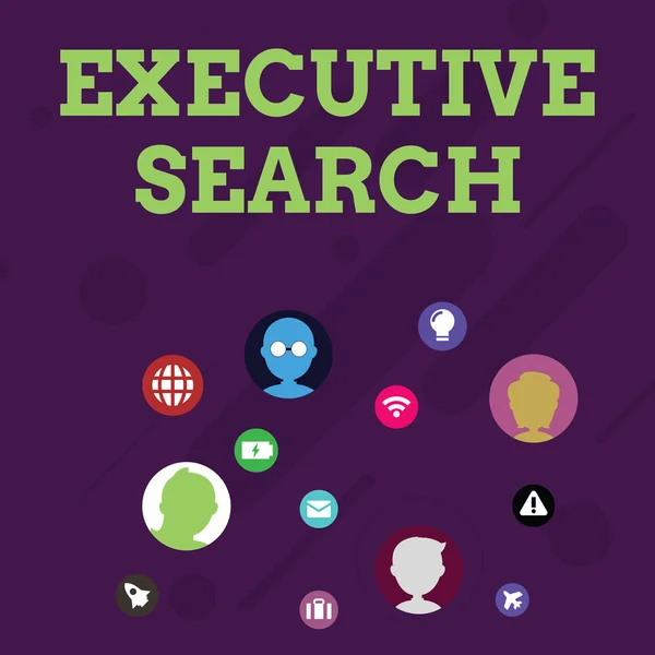 Word writing text Executive Search. Business concept for recruitment service organizations pay to seek candidates Networking Technical Icons with Chat Heads Scattered on Screen for Link Up. — 스톡 사진