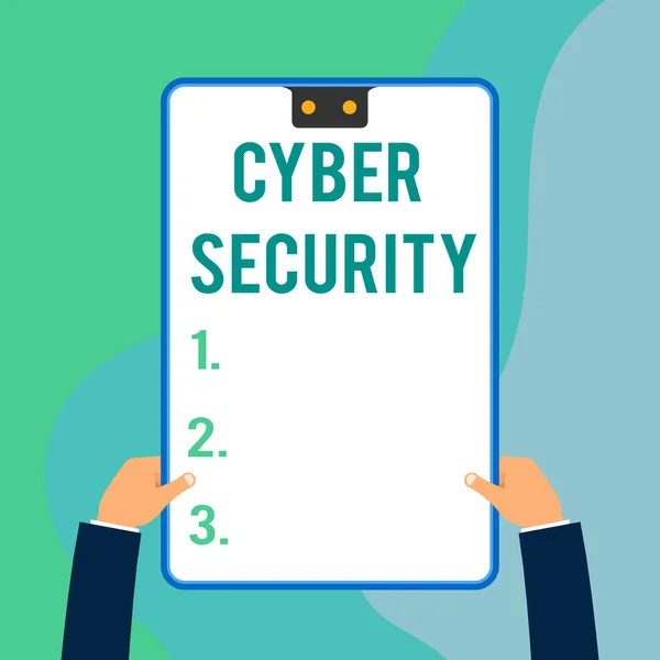 Conceptual hand writing showing Cyber Security. Business photo text Protect a computer system against unauthorized access Two executive male hands electronic device geometrical background. — Stock Photo, Image