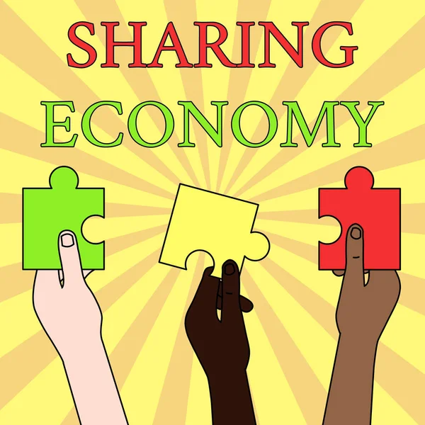 Writing note showing Sharing Economy. Business photo showcasing economic model based on providing access to goods Three Colored Empty Jigsaw Puzzle Pieces Held in Different People Hands.