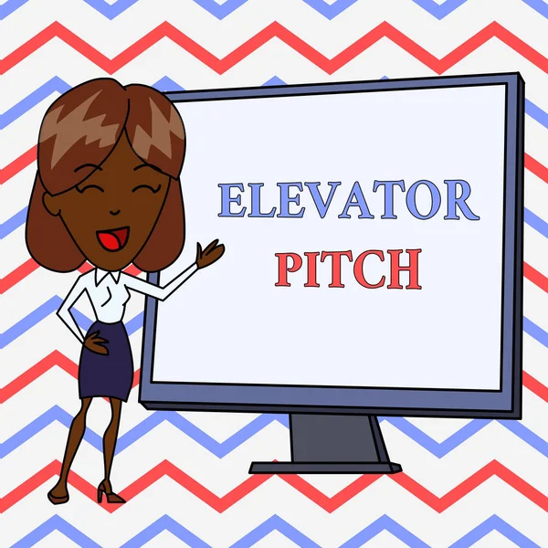 Conceptual hand writing showing Elevator Pitch. Business photo text A persuasive sales pitch Brief speech about the product White Female in Standing Pointing Whiteboard Presentation.