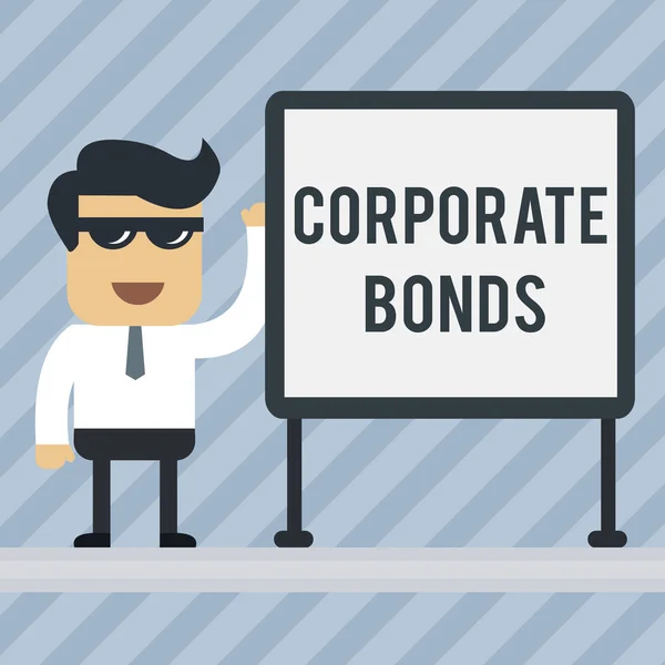 Writing note showing Corporate Bonds. Business photo showcasing corporation to raise financing for variety of reasons Office Worker Sunglass Blank Whiteboard Meeting Presentation. — 스톡 사진