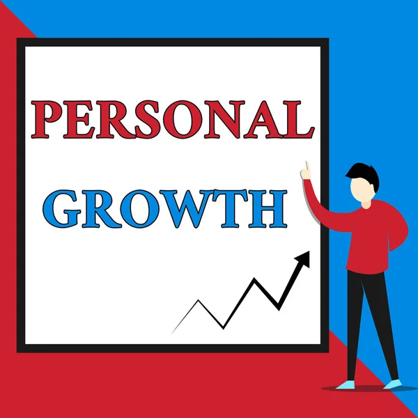 Text sign showing Personal Growth. Conceptual photo improve develop your skills qualities Learn new materials View young man standing pointing up blank rectangle Geometric background.
