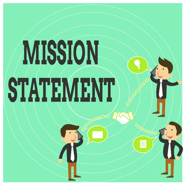 Conceptual hand writing showing Mission Statement. Business photo text Formal summary of the aims and values of a company Businessmen Coworker Conference Call Discussion Mobile Phone.