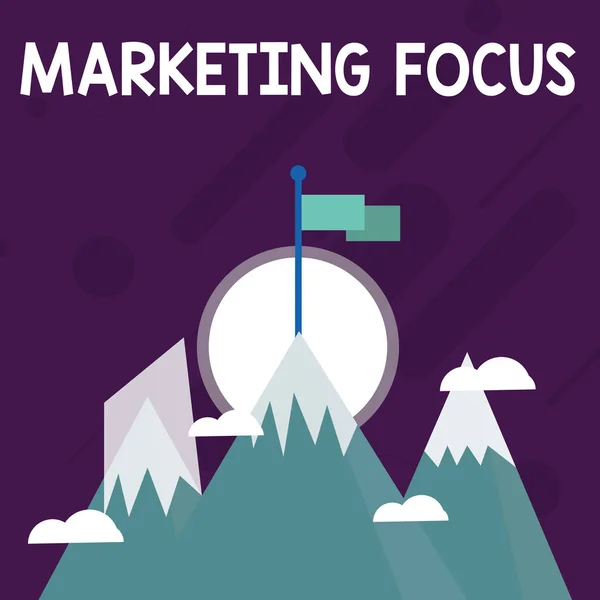 Conceptual hand writing showing Marketing Focus. Business photo text understanding your customers and thier needs using stats Three High Mountains with Snow and One has Flag at the Peak. — 图库照片