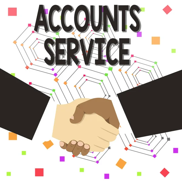 Text sign showing Accounts Service. Conceptual photo accessing list of user profiles and information linked Hand Shake Multiracial Male Business Partners Colleagues Formal Black Suits.