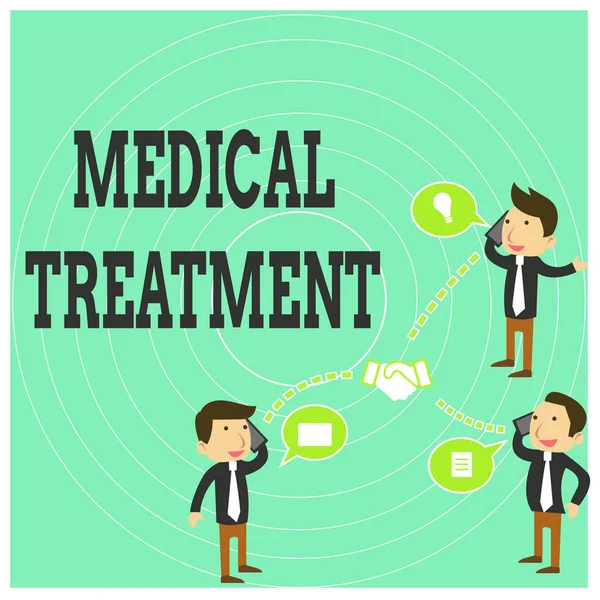 Концептуальный почерк, показывающий медицинское лечение. Управление и уход за пациентом для борьбы с болезнями Бизнесмены Коллеги Конференция Звонок Обсуждение мобильного телефона . — стоковое фото