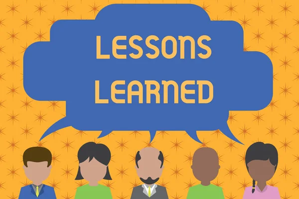 Word writing text Lessons Learned. Business concept for information reflects positive and negative experiences Five different races persons sharing blank speech bubble. People talking. — 图库照片