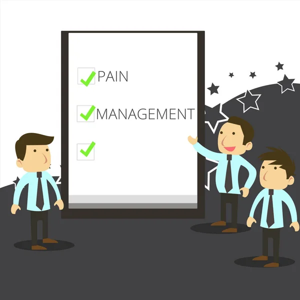 Handwriting text writing Pain Management. Concept meaning a branch of medicine employing an interdisciplinary approach Business People Colleagues Discuss Missions Presentation Whiteboard Ticks. — Stock Photo, Image