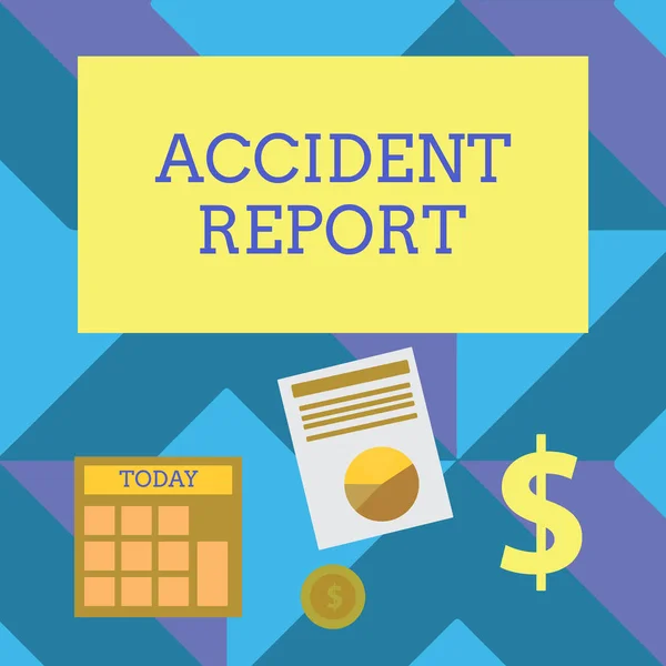 Text sign showing Accident Report. Conceptual photo A form that is filled out record details of an unusual event Computing Dollar Investment in Gold and Presenting Data thru Pie Chart Graph. — 스톡 사진