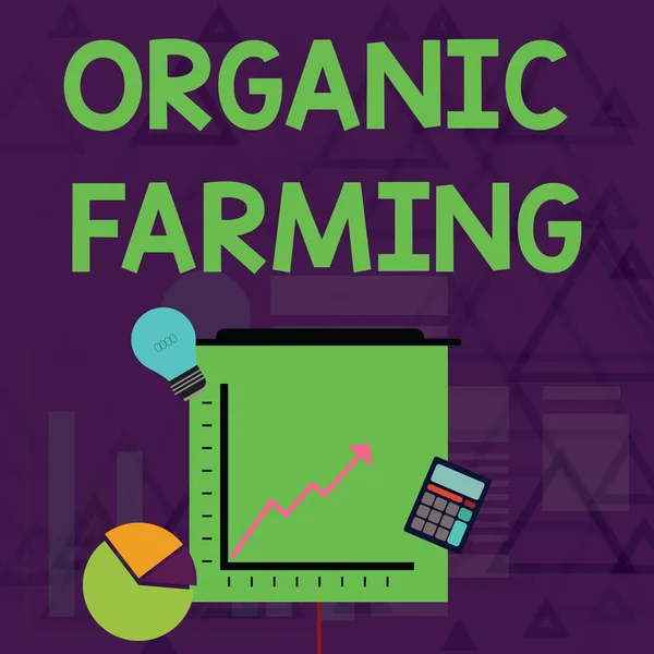 Writing note showing Organic Farming. Business photo showcasing an integrated farming system that strives for sustainability Investment Icons of Pie and Line Chart with Arrow Going Up. — 图库照片