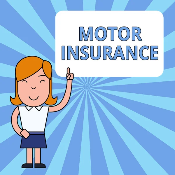 Writing note showing Motor Insurance. Business photo showcasing Provides financial compensation to cover any injuries Woman Standing with Raised Left Index Finger Pointing at Blank Text Box. — Stock Photo, Image