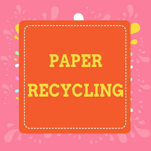 Writing note showing Paper Recycling. Business photo showcasing Using the waste papers in a new way by recycling them Dashed Stipple Line Blank Square Colored Cutout Frame Bright Background. — Stock Photo, Image