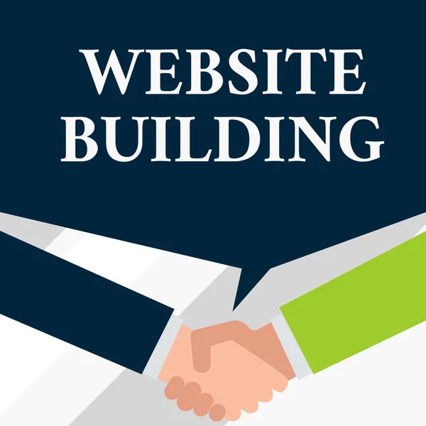 Conceptual hand writing showing Website Building. Business photo showcasing tools that typically allow the construction of pages Two men hands shaking showing a deal sharing speech bubble. — Stock Photo, Image