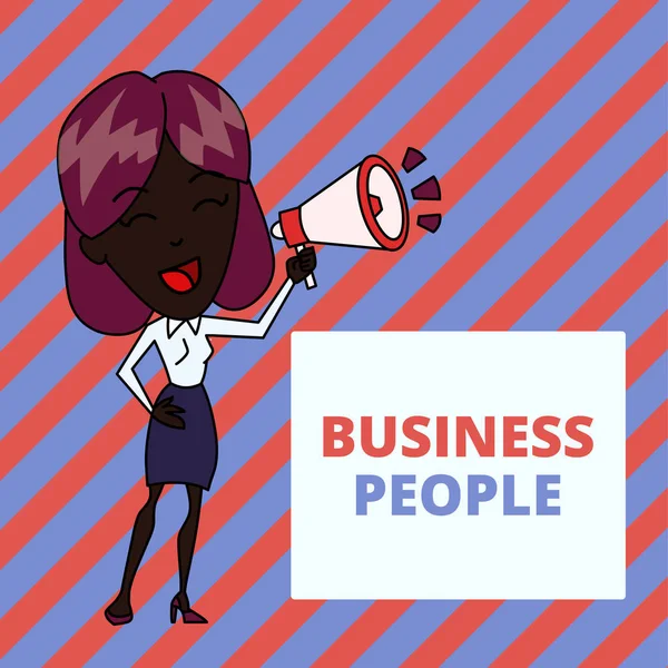 Writing note showing Business People. Business photo showcasing People who work in business especially at an executive level Young Woman Speaking in Blowhorn Colored Backgdrop Text Box. — 스톡 사진