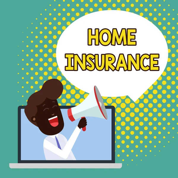 Sinal de texto mostrando Home Insurance. Foto conceitual Cobre perde e danifica e em acidentes na casa Homem falando através do laptop em Loudhailer Blank Speech Bubble Anunciar . — Fotografia de Stock