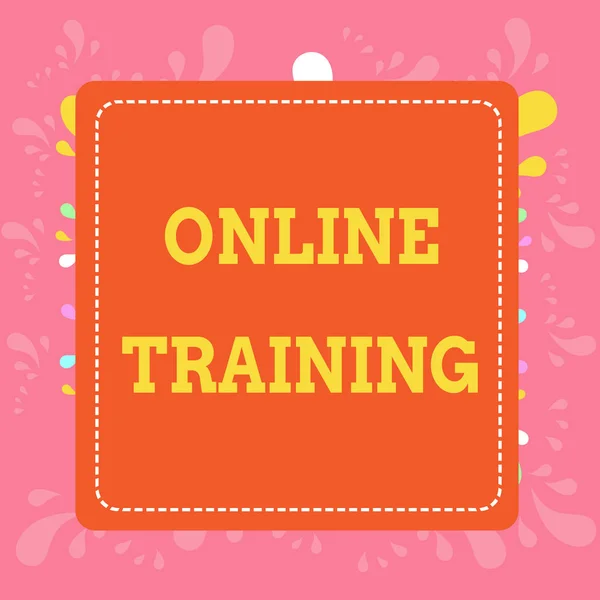 Writing note showing Online Training. Business photo showcasing Take the education program from the electronic means Dashed Stipple Line Blank Square Colored Cutout Frame Bright Background. — ストック写真