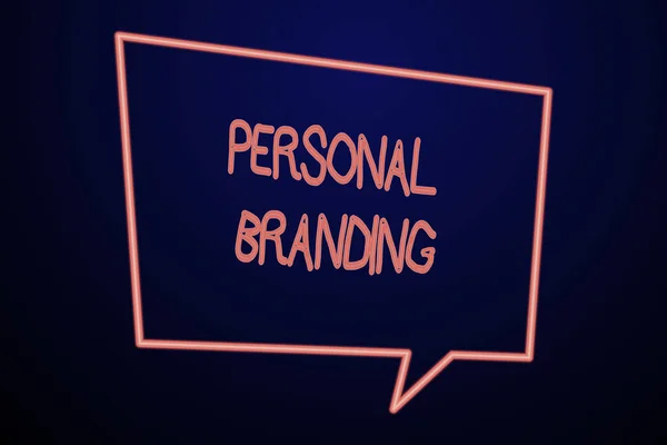 Word writing text Personal Branding. Business concept for Practice of People Marketing themselves Image as Brands Empty Quadrangular Neon Copy Space Speech Bubble with Tail Pointing Down.